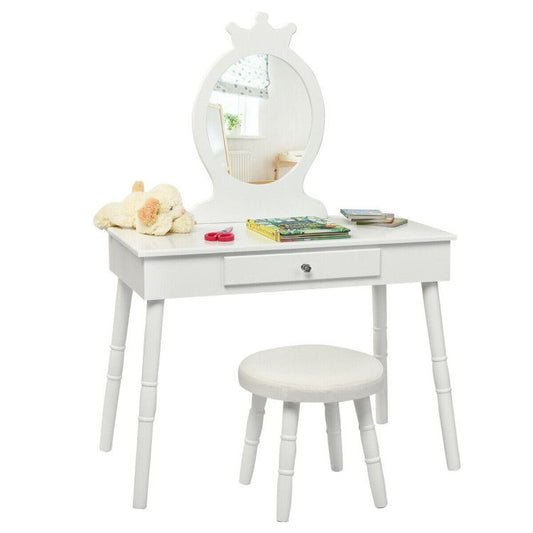 Kids Wooden Princess Makeup Table Vanity with Cushioned Stool