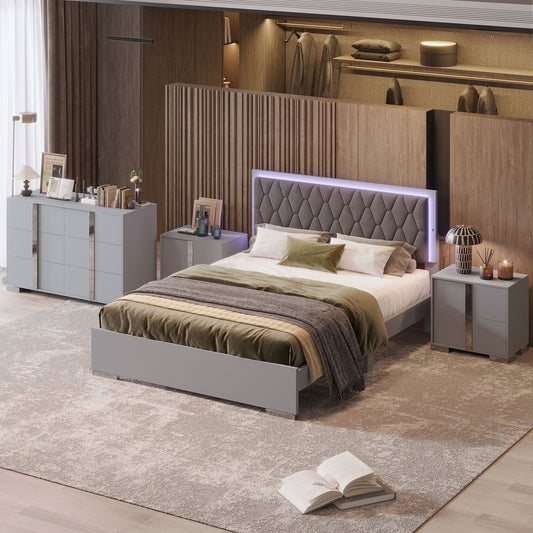 Luxury 4-Piece Bedroom Sets Queen Size Upholstered Bed with LED Lights