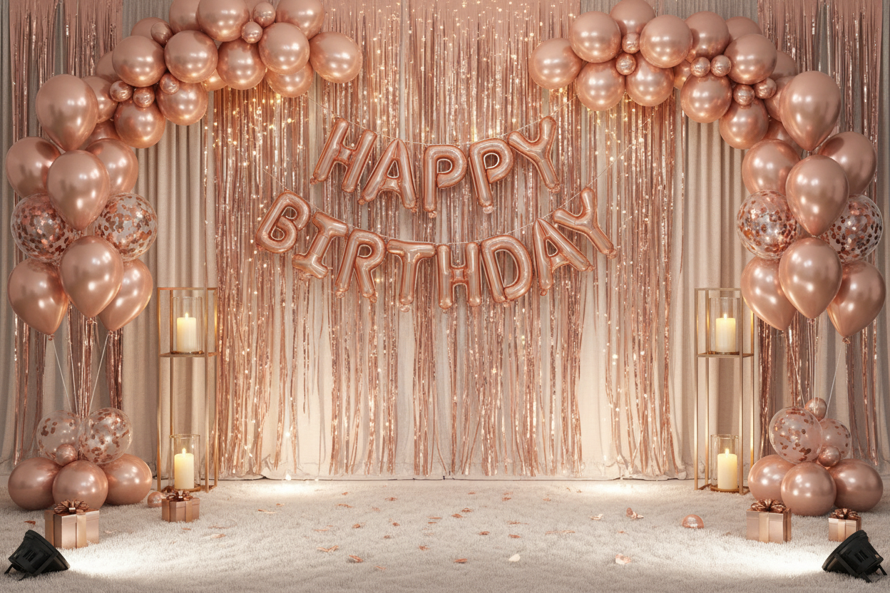 Rose Gold Birthday Party Supplies Happy Birthday Banner Tissue Flowers Confetti Balloons Foil Curtain for 18th 21st 30th 40th 50th Girls Women Birthday Decorations