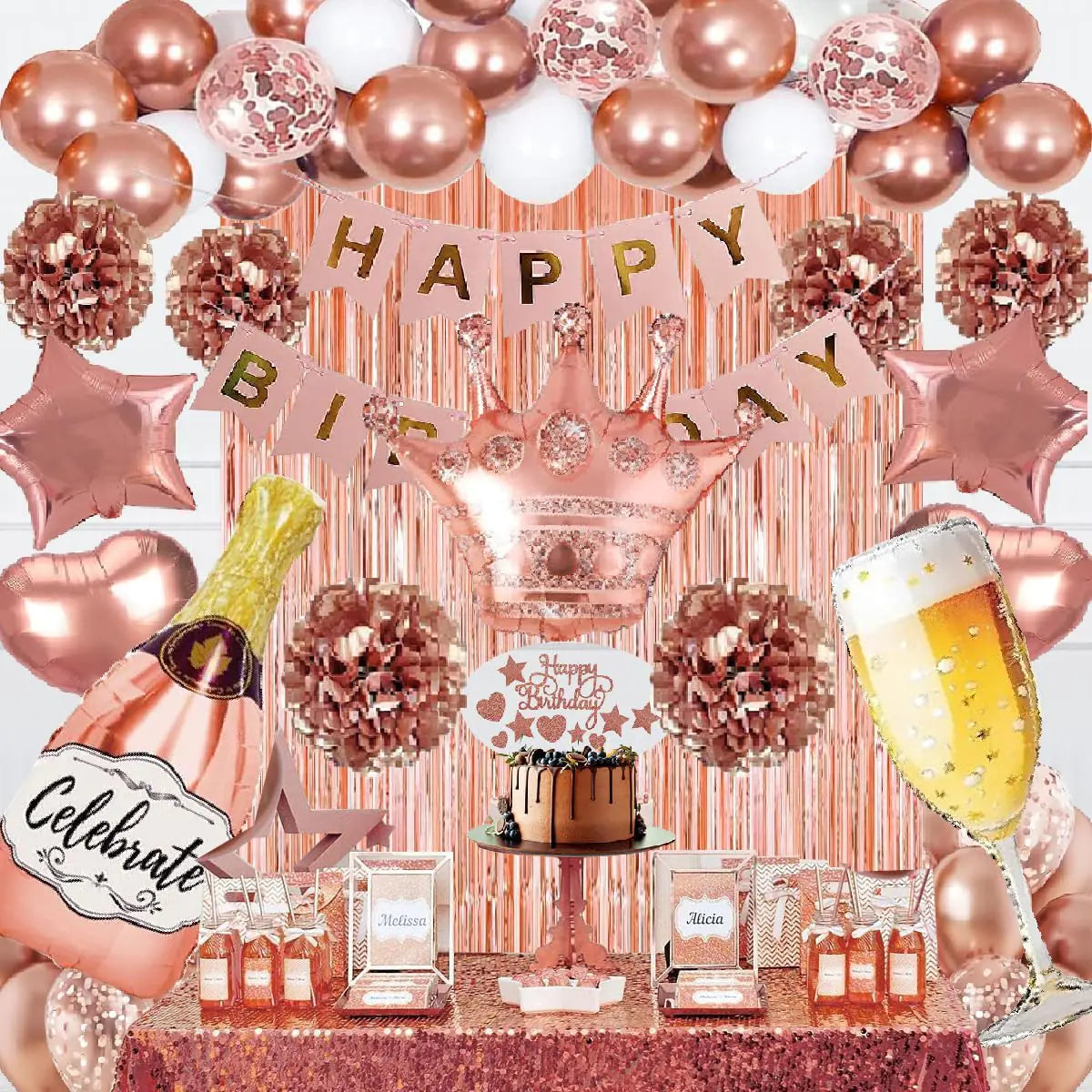 Rose Gold Birthday Party Supplies Happy Birthday Banner Tissue Flowers Confetti Balloons Foil Curtain for 18th 21st 30th 40th 50th Girls Women Birthday Decorations